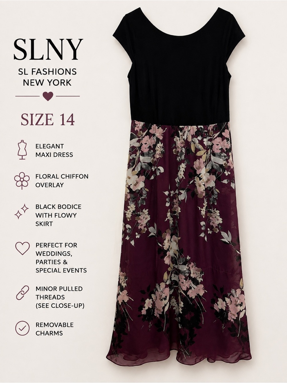 SLNY Size 14 Black Burgundy Floral Chiffon Maxi Dress with call outs